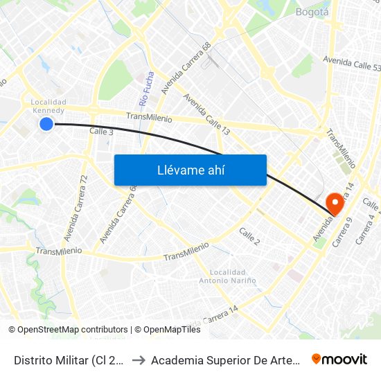 Distrito Militar (Cl 26 Sur - Kr 78h) to Academia Superior De Artes De Bogota - Asab map