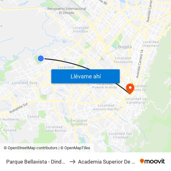 Parque Bellavista - Dindalito (Kr 95 - Cl 42b Sur) to Academia Superior De Artes De Bogota - Asab map