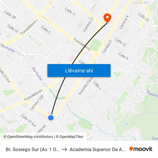 Br. Sosiego Sur (Av. 1 De Mayo - Kr 10a) (A) to Academia Superior De Artes De Bogota - Asab map