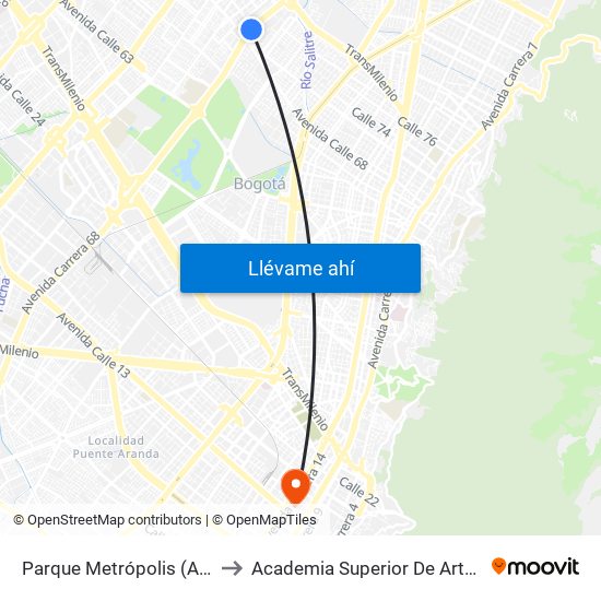 Parque Metrópolis (Ak 68 - Cl 74a) (A) to Academia Superior De Artes De Bogota - Asab map