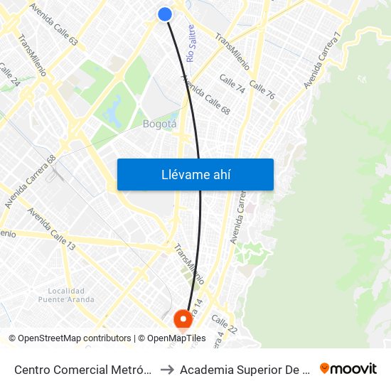 Centro Comercial Metrópolis (Ak 68 - Cl 75a) (A) to Academia Superior De Artes De Bogota - Asab map