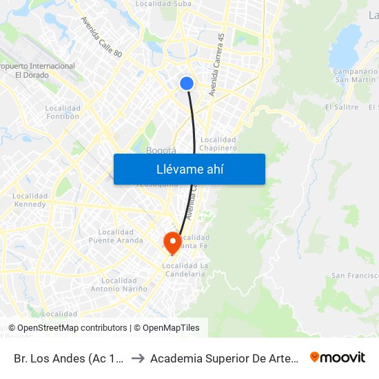 Br. Los Andes (Ac 100 - Kr 66) (B) to Academia Superior De Artes De Bogota - Asab map