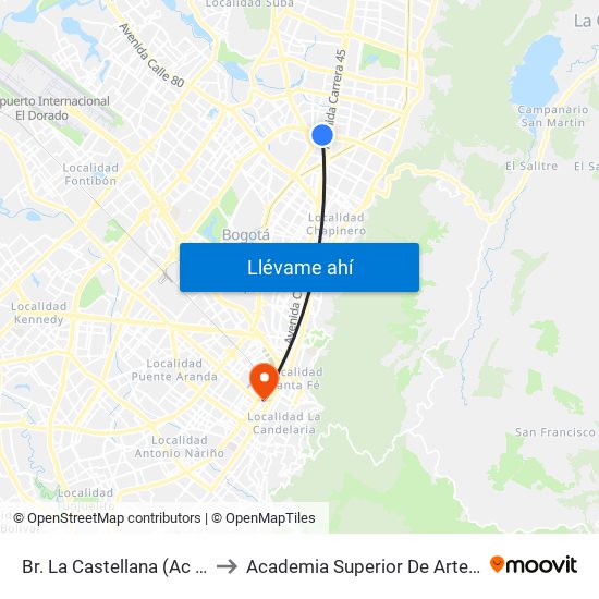 Br. La Castellana (Ac 100 - Kr 45) (A) to Academia Superior De Artes De Bogota - Asab map