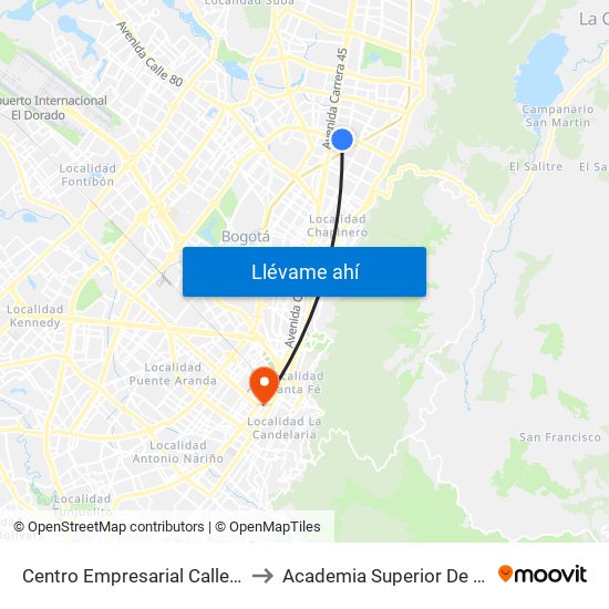 Centro Empresarial Calle 100 (Ac 100 - Tv 21) (C) to Academia Superior De Artes De Bogota - Asab map