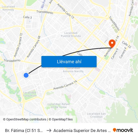 Br. Fátima (Cl 51 Sur - Kr 34) (A) to Academia Superior De Artes De Bogota - Asab map