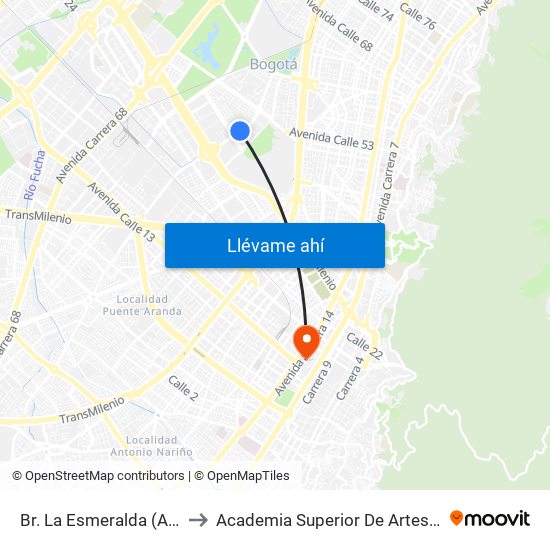 Br. La Esmeralda (Ak 50 - Cl 44b) to Academia Superior De Artes De Bogota - Asab map