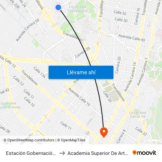 Estación Gobernación (Ak 50 - Ac 26) to Academia Superior De Artes De Bogota - Asab map
