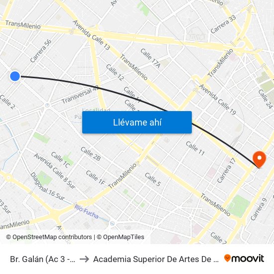 Br. Galán (Ac 3 - Kr 56a) to Academia Superior De Artes De Bogota - Asab map