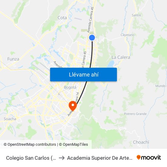 Colegio San Carlos (Cl 192 - Kr 15) to Academia Superior De Artes De Bogota - Asab map