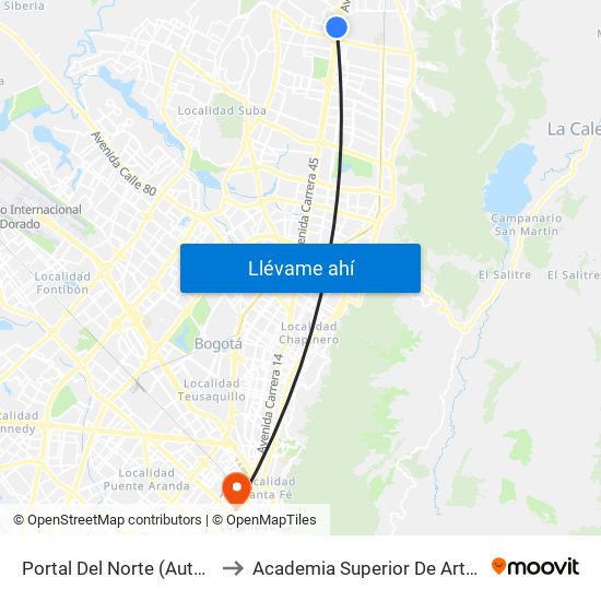 Portal Del Norte (Auto Norte - Cl 174a) to Academia Superior De Artes De Bogota - Asab map