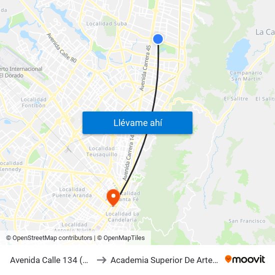 Avenida Calle 134 (Ak 19 - Ac 134) to Academia Superior De Artes De Bogota - Asab map