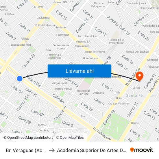 Br. Veraguas (Ac 6 - Ak 27) to Academia Superior De Artes De Bogota - Asab map