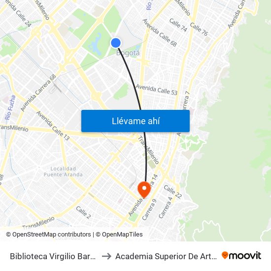 Biblioteca Virgilio Barco (Ac 63 - Ak 60) to Academia Superior De Artes De Bogota - Asab map