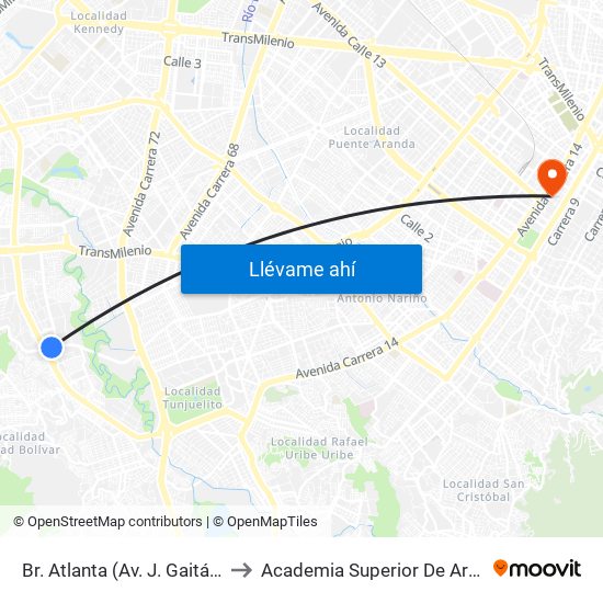 Br. Atlanta (Av. J. Gaitán C. - Av. V/Cio) (A) to Academia Superior De Artes De Bogota - Asab map
