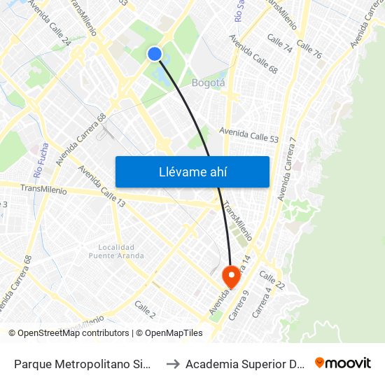 Parque Metropolitano Simón Bolívar  (Ak 68 - Cl 51) (A) to Academia Superior De Artes De Bogota - Asab map