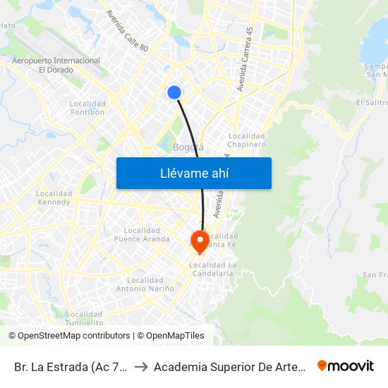 Br. La Estrada (Ac 72 - Kr 69k) (A) to Academia Superior De Artes De Bogota - Asab map