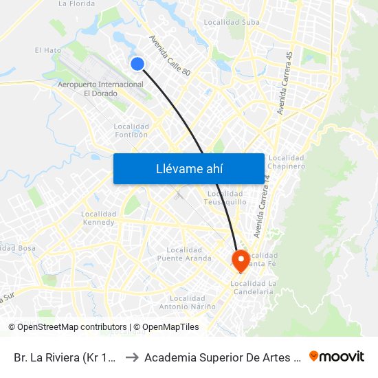 Br. La Riviera (Kr 111c - Cl 70b) to Academia Superior De Artes De Bogota - Asab map