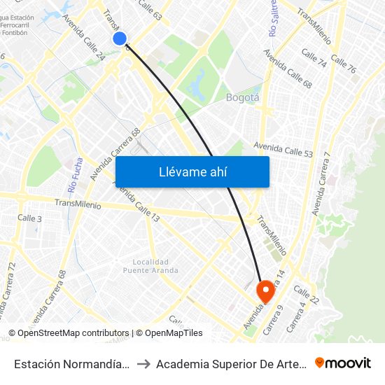 Estación Normandía (Ac 26 - Kr 74) to Academia Superior De Artes De Bogota - Asab map