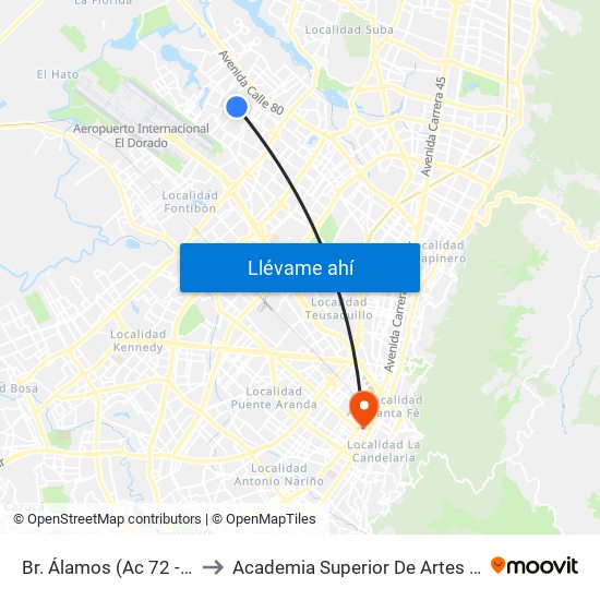 Br. Álamos (Ac 72 - Kr 101a) (A) to Academia Superior De Artes De Bogota - Asab map