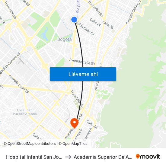 Hospital Infantil San José (Ac 68 - Kr 52) (A) to Academia Superior De Artes De Bogota - Asab map