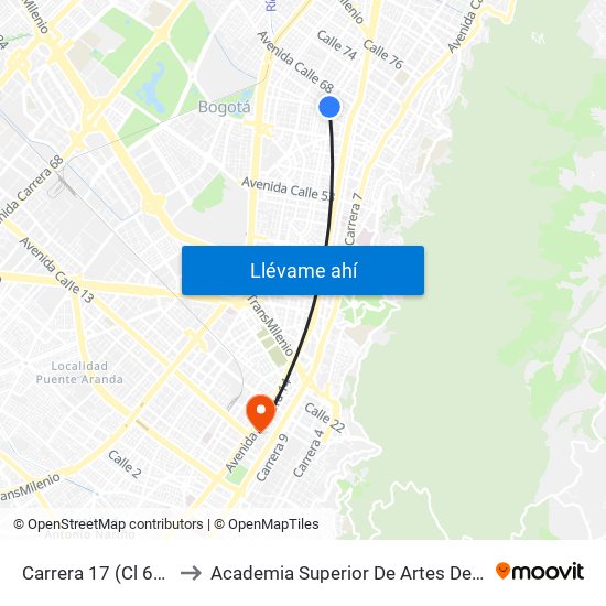Carrera 17 (Cl 66 - Kr 17) to Academia Superior De Artes De Bogota - Asab map