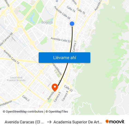 Avenida Caracas (Cl 66 - Av. Caracas) to Academia Superior De Artes De Bogota - Asab map