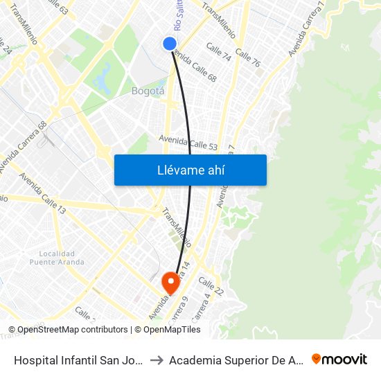 Hospital Infantil San José (Ac 68 - Kr 53) (A) to Academia Superior De Artes De Bogota - Asab map