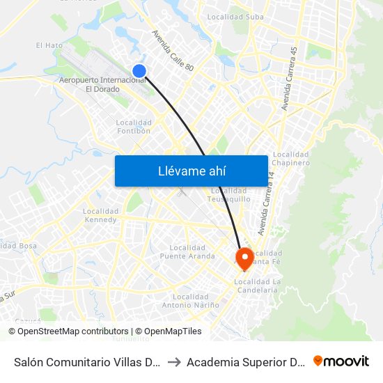 Salón Comunitario Villas Del Dorado (Kr 110 Bis - Cl 65b) to Academia Superior De Artes De Bogota - Asab map