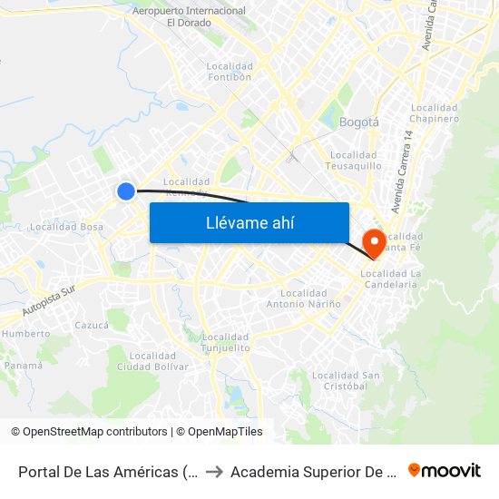 Portal De Las Américas (Av. V/cio - Av. C. De Cali) to Academia Superior De Artes De Bogota - Asab map