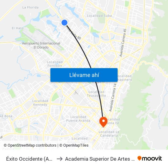 Éxito Occidente (Ak 114 - Cl 79) to Academia Superior De Artes De Bogota - Asab map