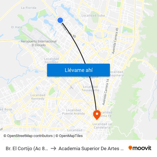 Br. El Cortijo (Ac 80 - Ak 114) to Academia Superior De Artes De Bogota - Asab map