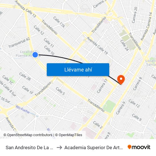 San Andresito De La 38 (Ac 6 - Kr 38) to Academia Superior De Artes De Bogota - Asab map