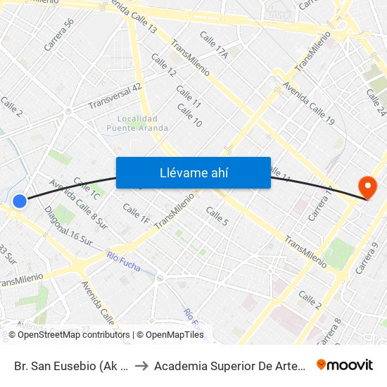 Br. San Eusebio (Ak 50 - Cl 22 Sur) to Academia Superior De Artes De Bogota - Asab map