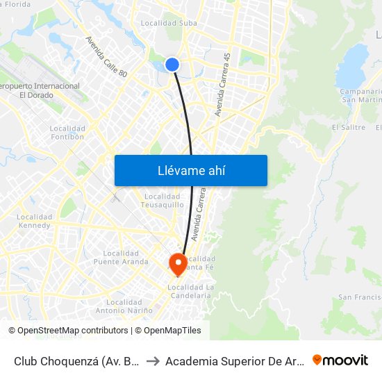 Club Choquenzá (Av. Boyacá - Ac 127) (A) to Academia Superior De Artes De Bogota - Asab map