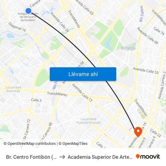 Br. Centro Fontibón (Ac 22 - Kr 97b) to Academia Superior De Artes De Bogota - Asab map