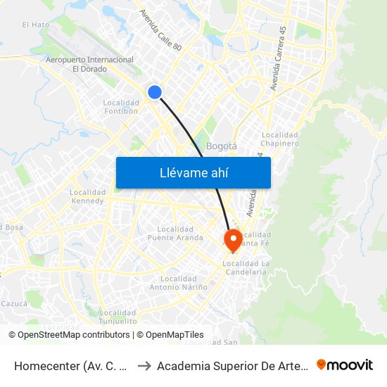 Homecenter (Av. C. De Cali - Cl 52a) to Academia Superior De Artes De Bogota - Asab map