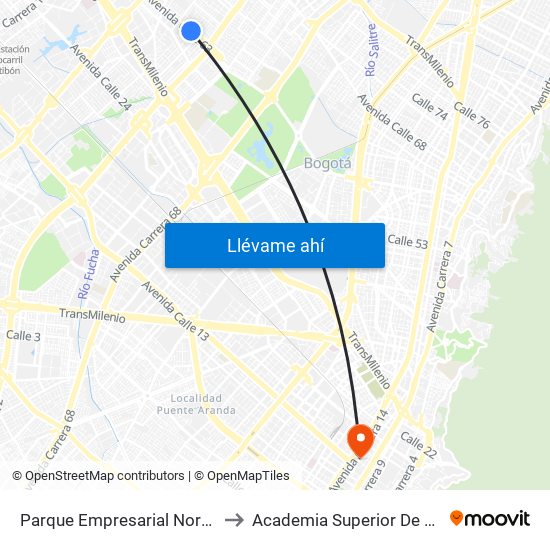 Parque Empresarial Normandía (Ac 63 - Kr 73a) to Academia Superior De Artes De Bogota - Asab map