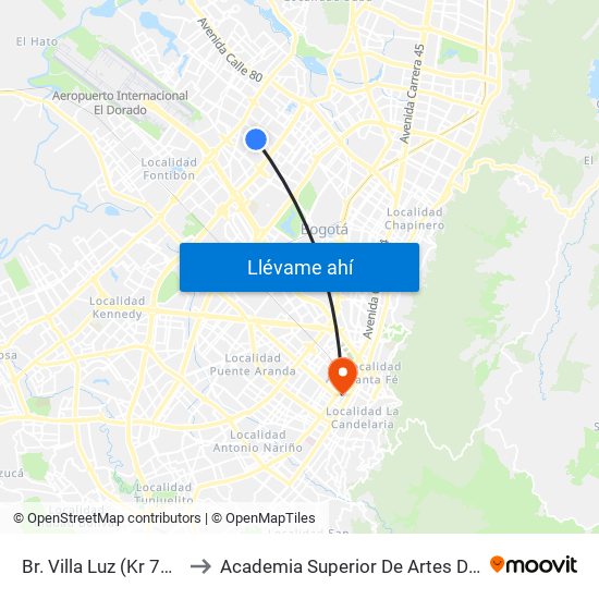 Br. Villa Luz (Kr 77a - Cl 65a) to Academia Superior De Artes De Bogota - Asab map