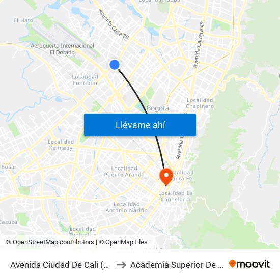 Avenida Ciudad De Cali (Cl 64b Bis - Av. C. De Cali) to Academia Superior De Artes De Bogota - Asab map