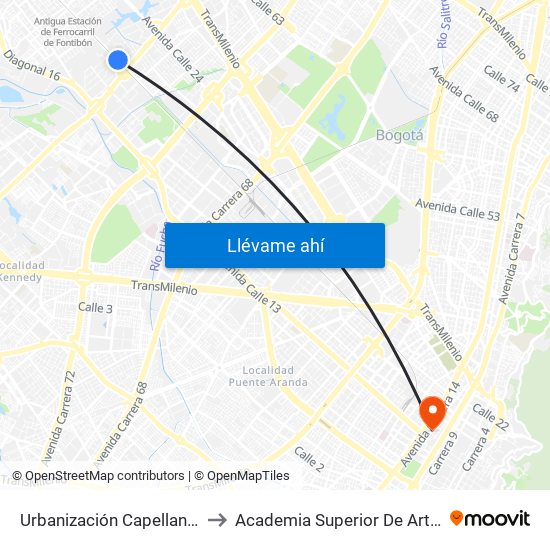 Urbanización Capellanía (Ac 22 - Kr 87c) to Academia Superior De Artes De Bogota - Asab map