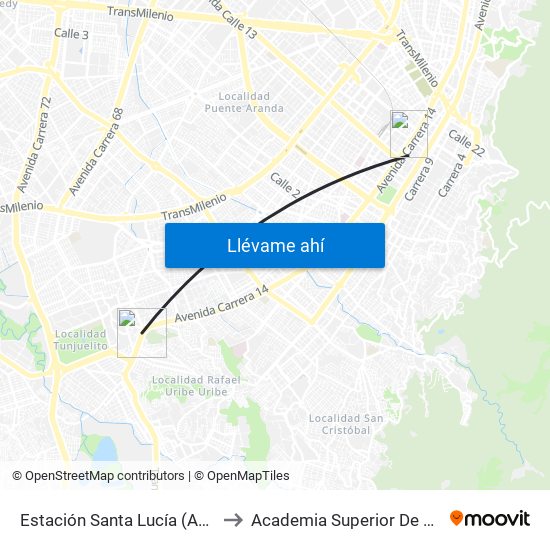 Estación Santa Lucía (Av. Caracas - Dg 45c Sur) to Academia Superior De Artes De Bogota - Asab map