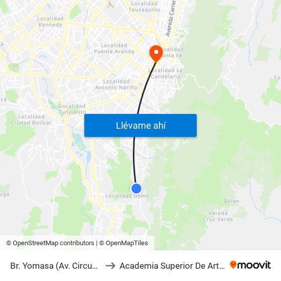 Br. Yomasa (Av. Circunvalar - Cl 72a Sur) to Academia Superior De Artes De Bogota - Asab map