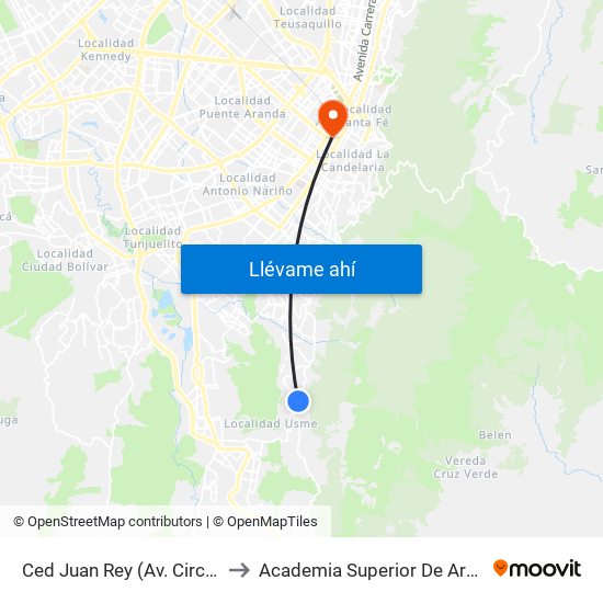 Ced Juan Rey (Av. Circunvalar - Cl 70 Sur) to Academia Superior De Artes De Bogota - Asab map