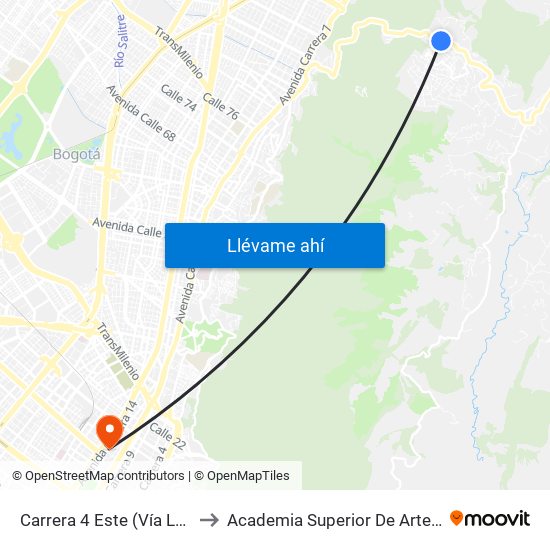 Carrera 4 Este (Vía La Calera Km 4,5) to Academia Superior De Artes De Bogota - Asab map