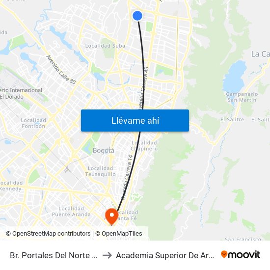 Br. Portales Del Norte (Cl 167 - Av. Villas) to Academia Superior De Artes De Bogota - Asab map