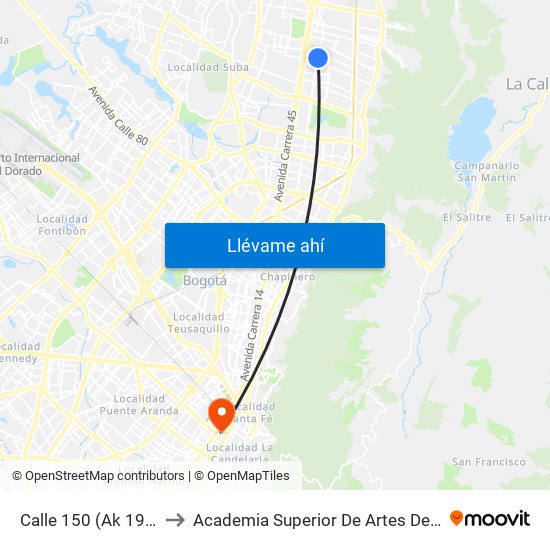 Calle 150 (Ak 19 - Cl 150) to Academia Superior De Artes De Bogota - Asab map