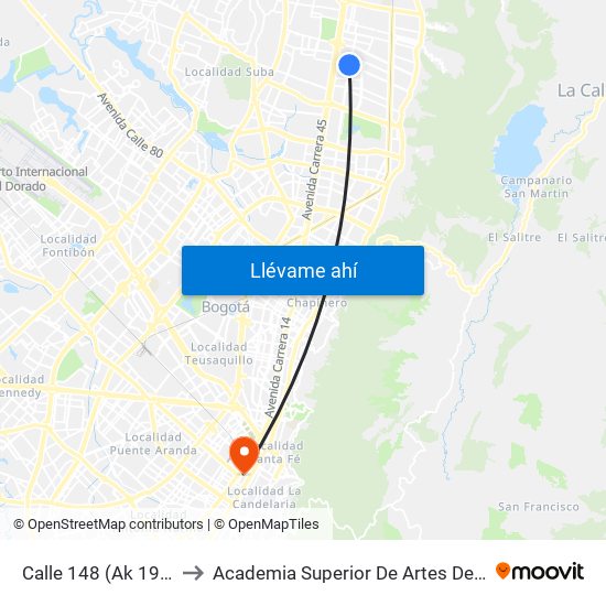 Calle 148 (Ak 19 - Cl 148) to Academia Superior De Artes De Bogota - Asab map