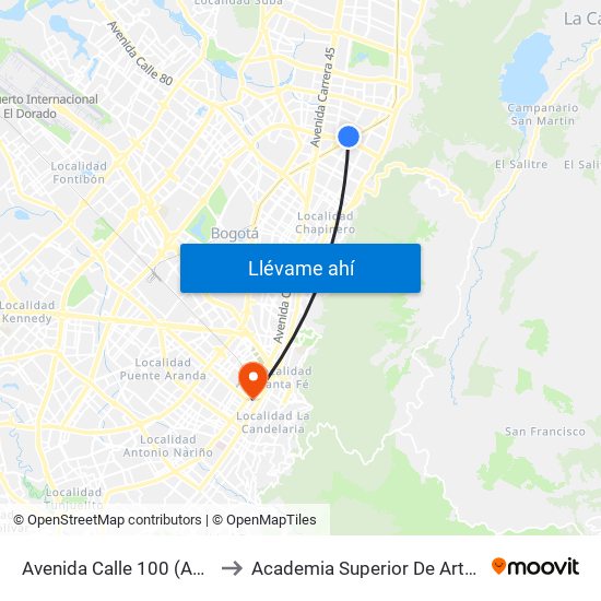 Avenida Calle 100 (Ak 15 - Ac 100) (A) to Academia Superior De Artes De Bogota - Asab map