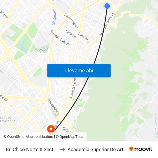Br. Chicó Norte II Sector (Ak 11 - Cl 97a) to Academia Superior De Artes De Bogota - Asab map