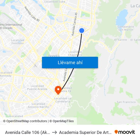 Avenida Calle 106 (Ak 15 - Cl 105a) (A) to Academia Superior De Artes De Bogota - Asab map